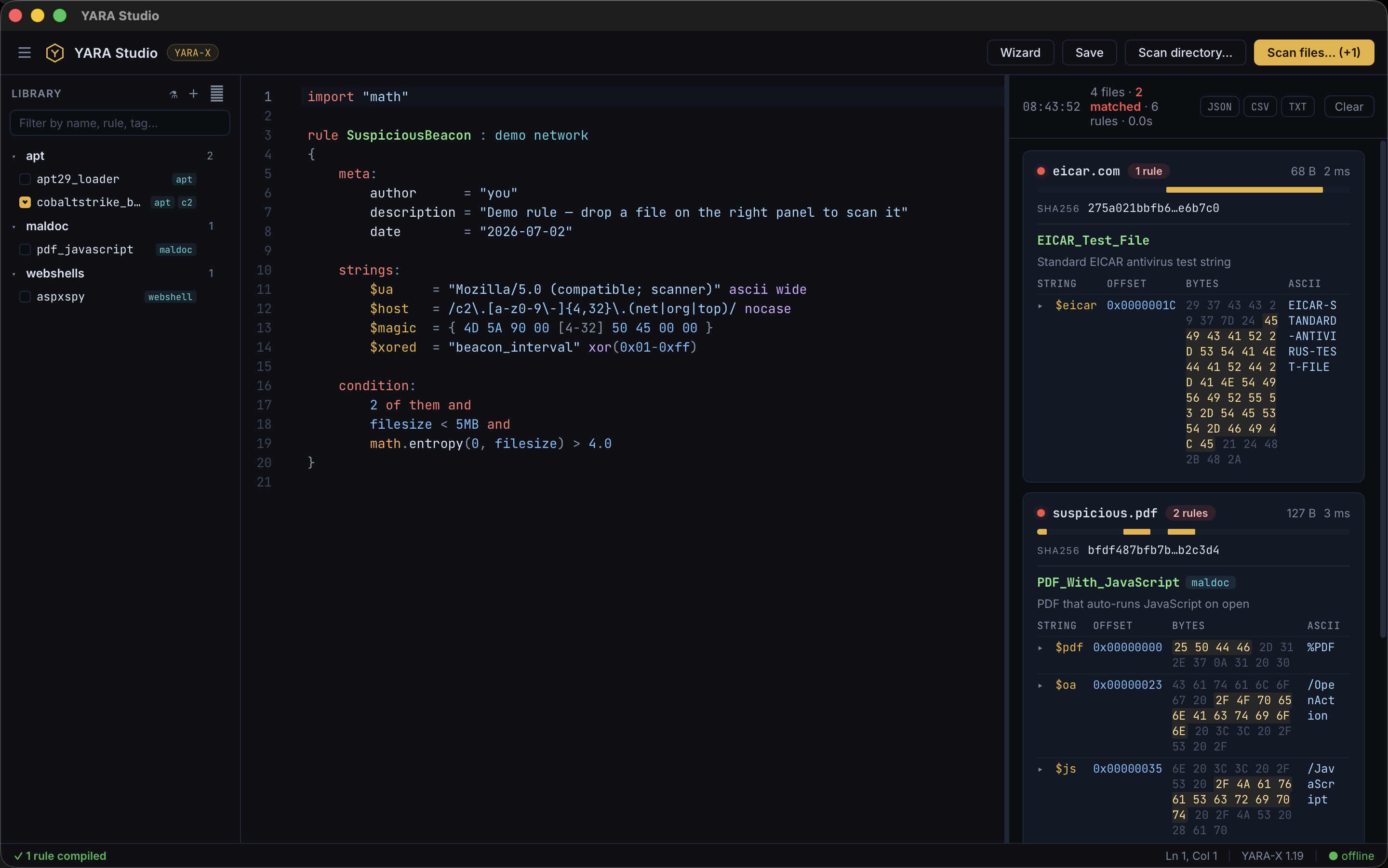 YARA Studio — editor, live validation and scan results