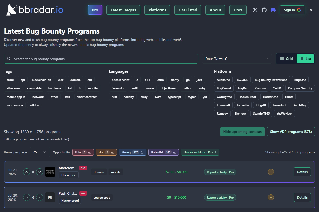 bbradar.io — 带有机会排名的最新漏洞赏金项目