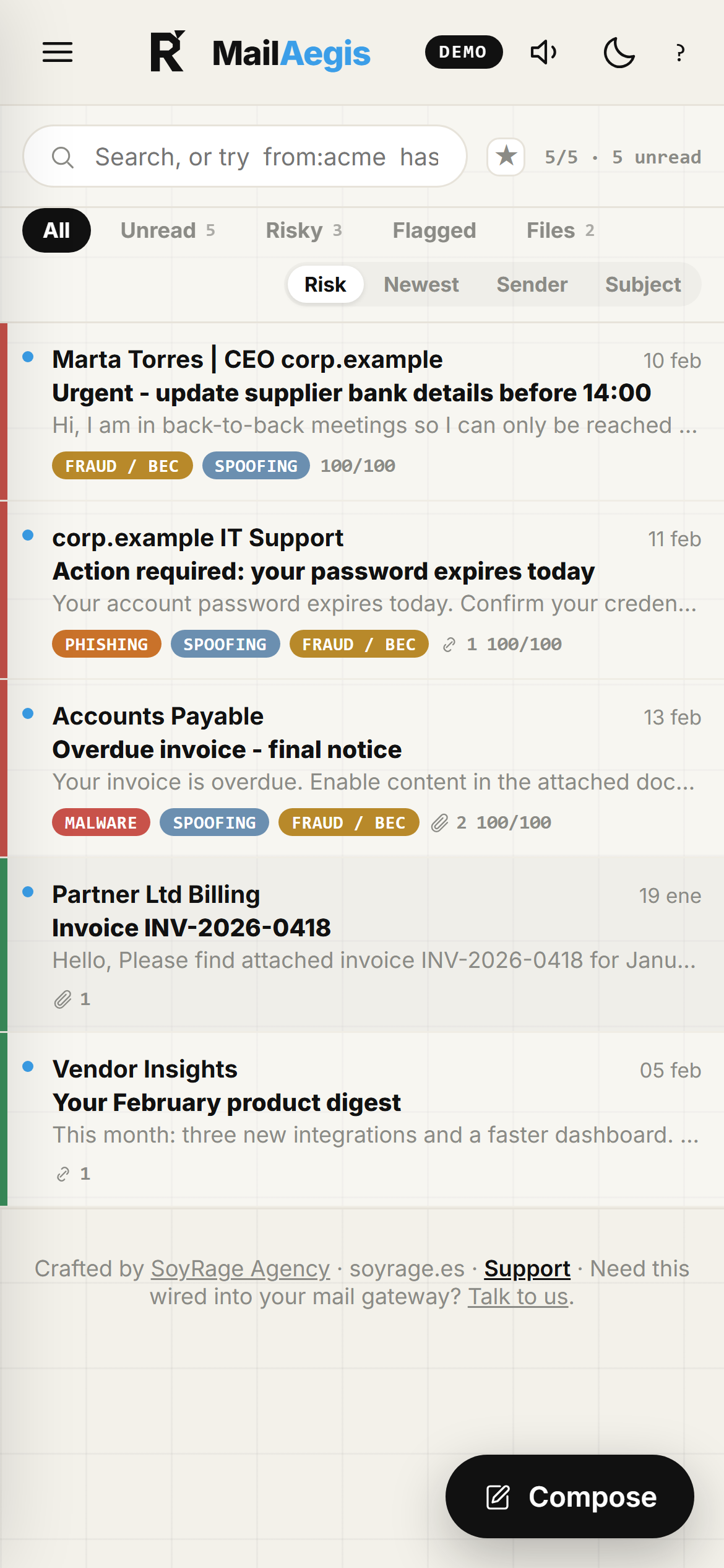 MailAegis mobile inbox with risk verdicts