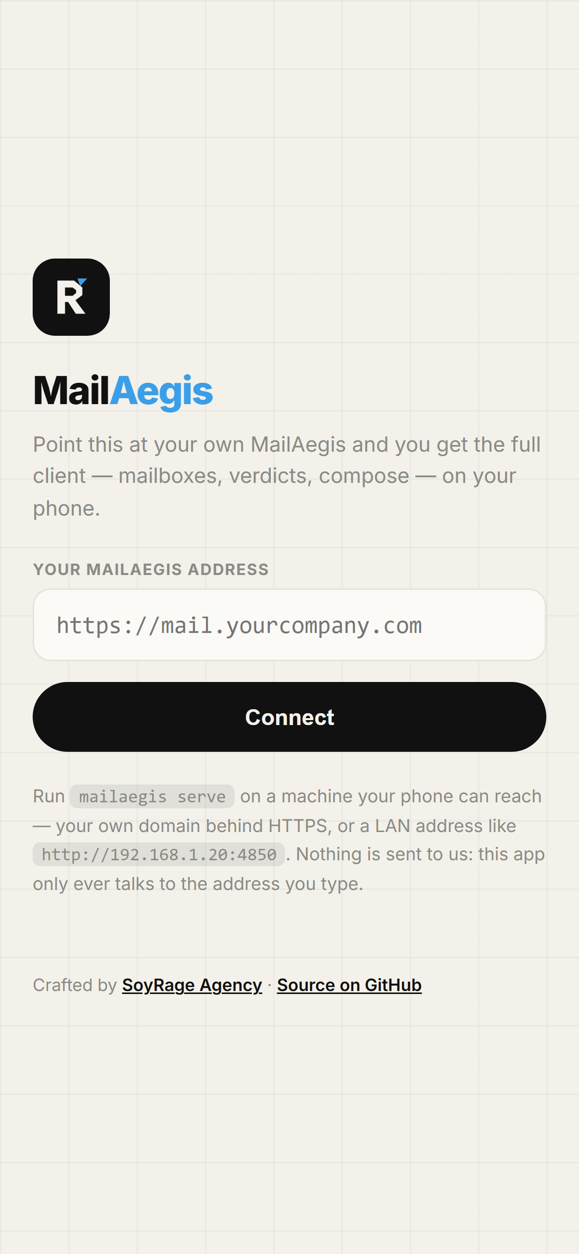 MailAegis Android app connection screen asking for the address of your own MailAegis server