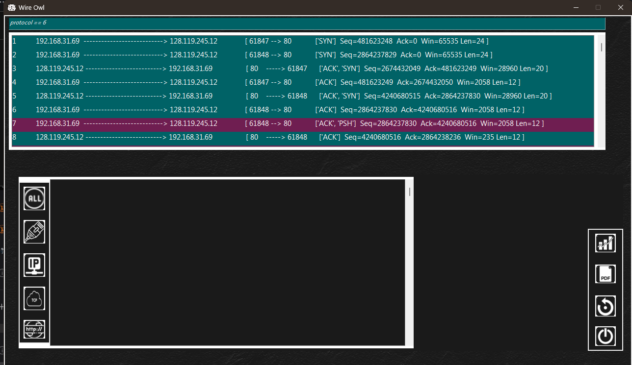 The filter protocol == 6 applied, narrowing a large capture to its TCP frames