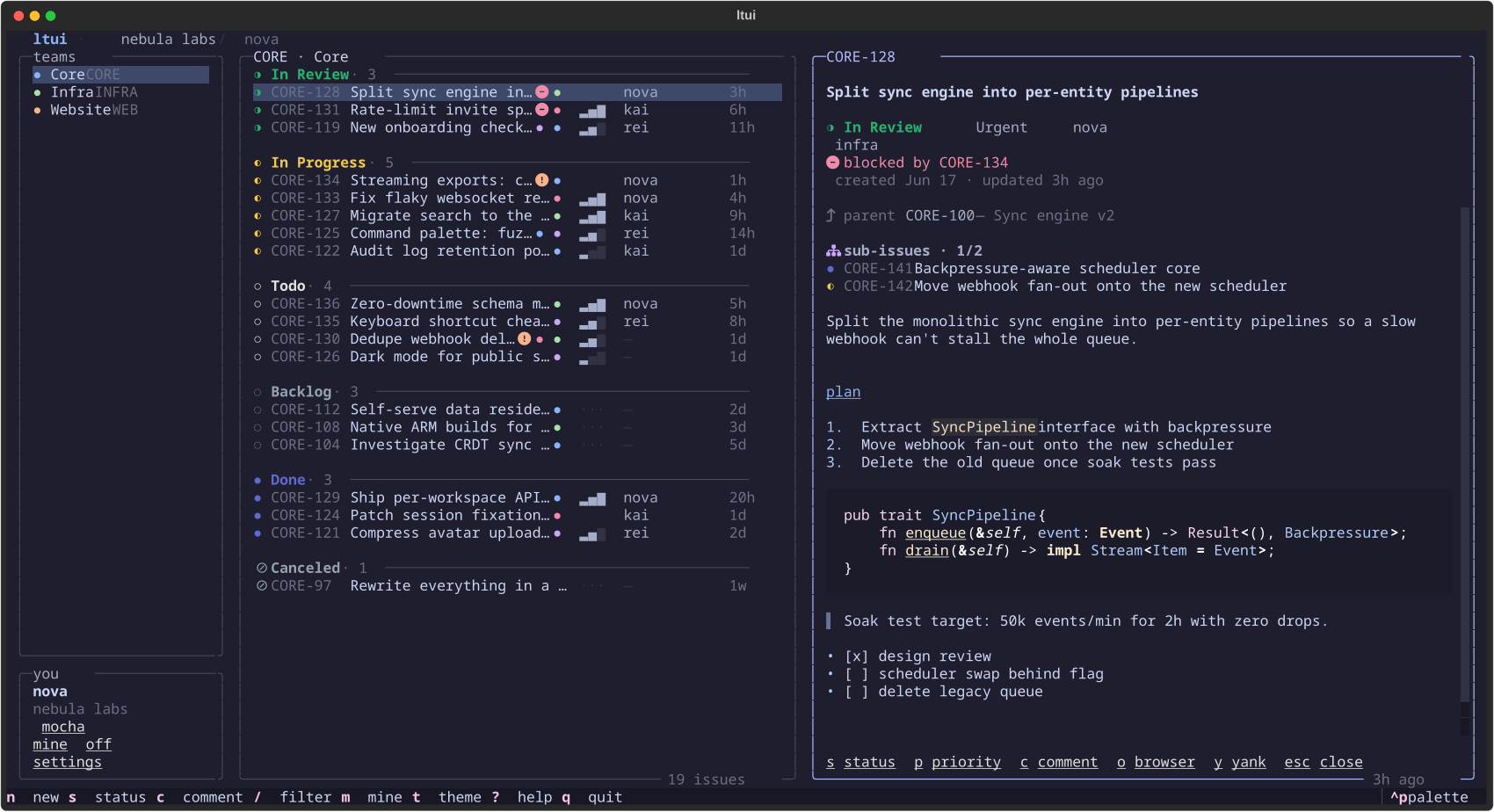 ltui — issue list with detail panel