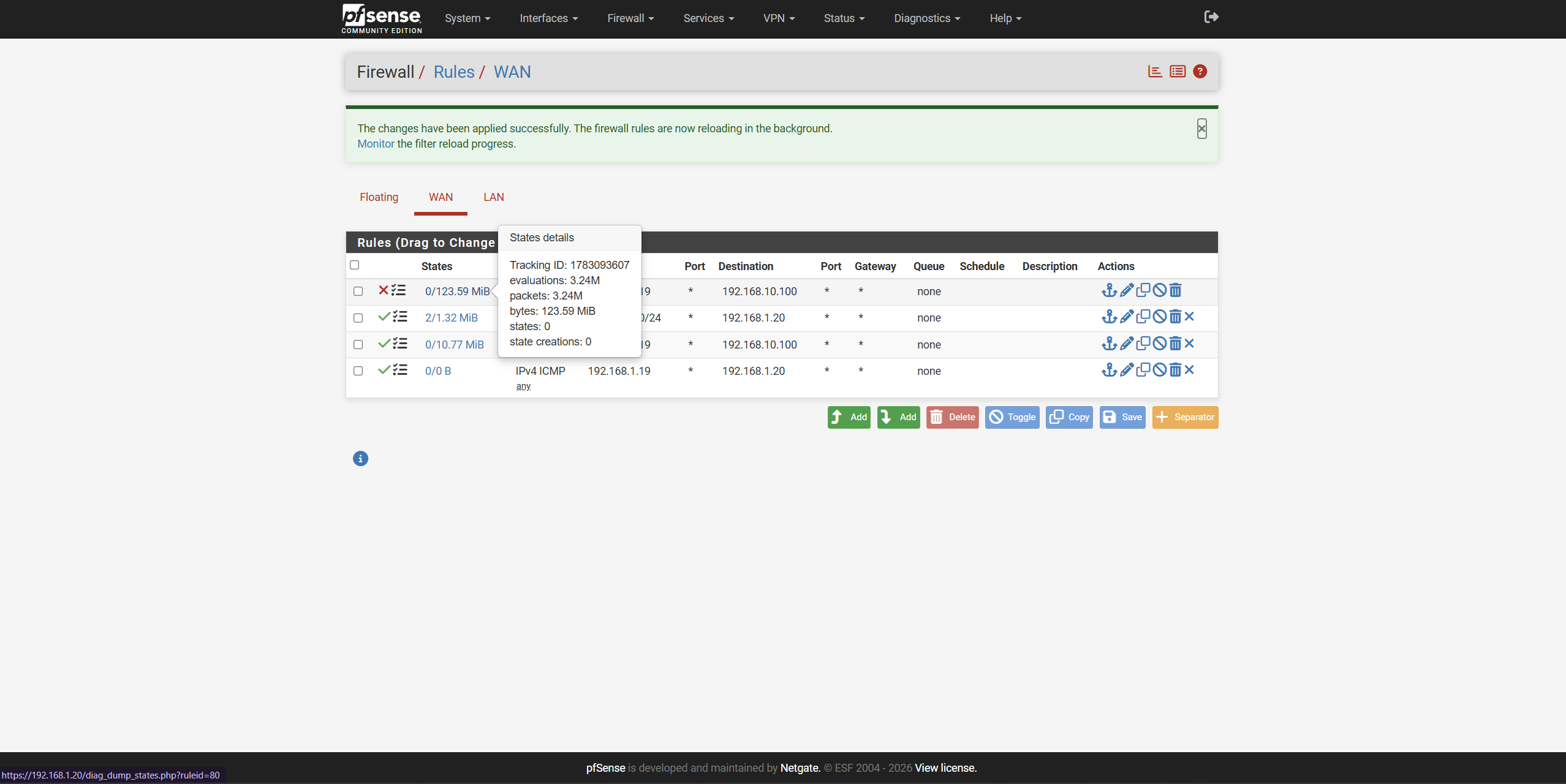显示丢弃数据包的 pfSense 状态详情