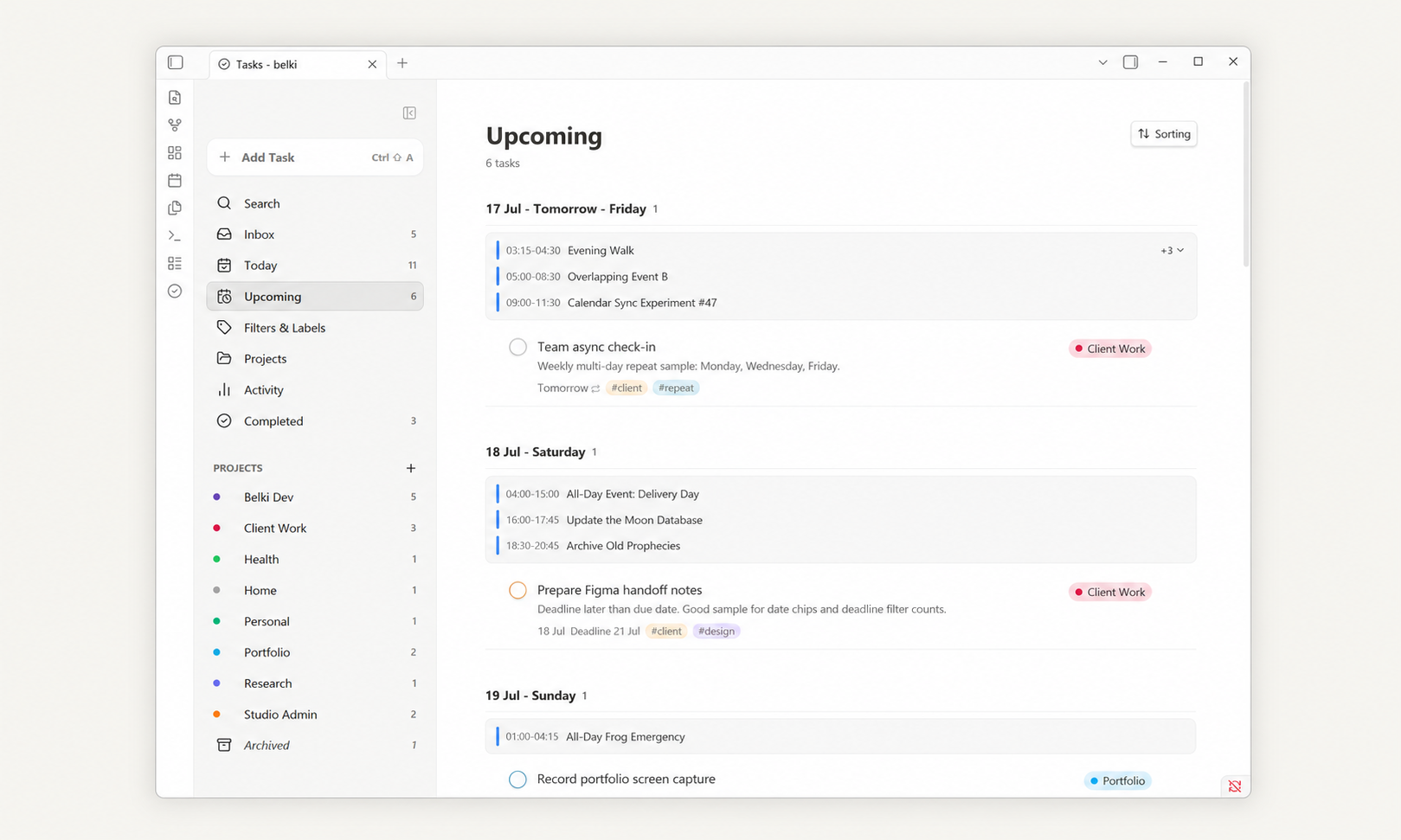 belki Upcoming view with read-only calendar events