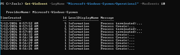 本地显示的 Sysmon 事件