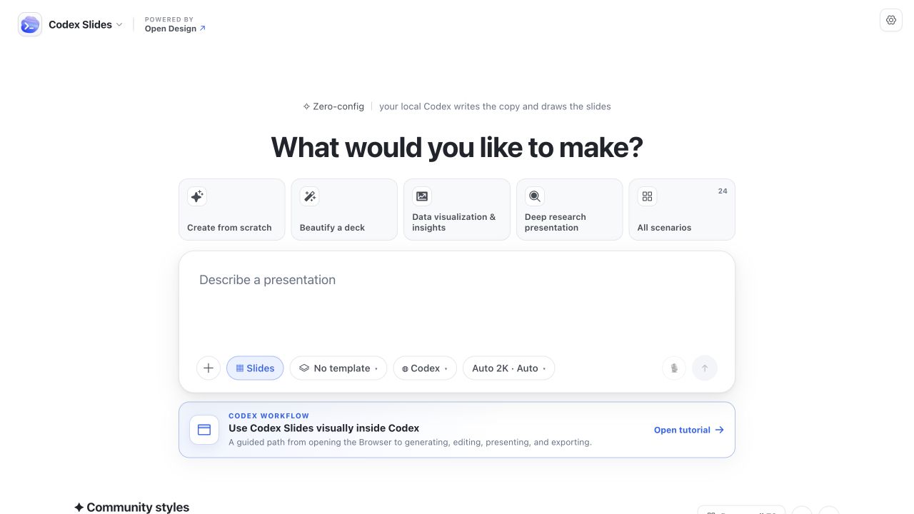 Codex Slides home with the prompt composer, scenario shortcuts, and Community Styles