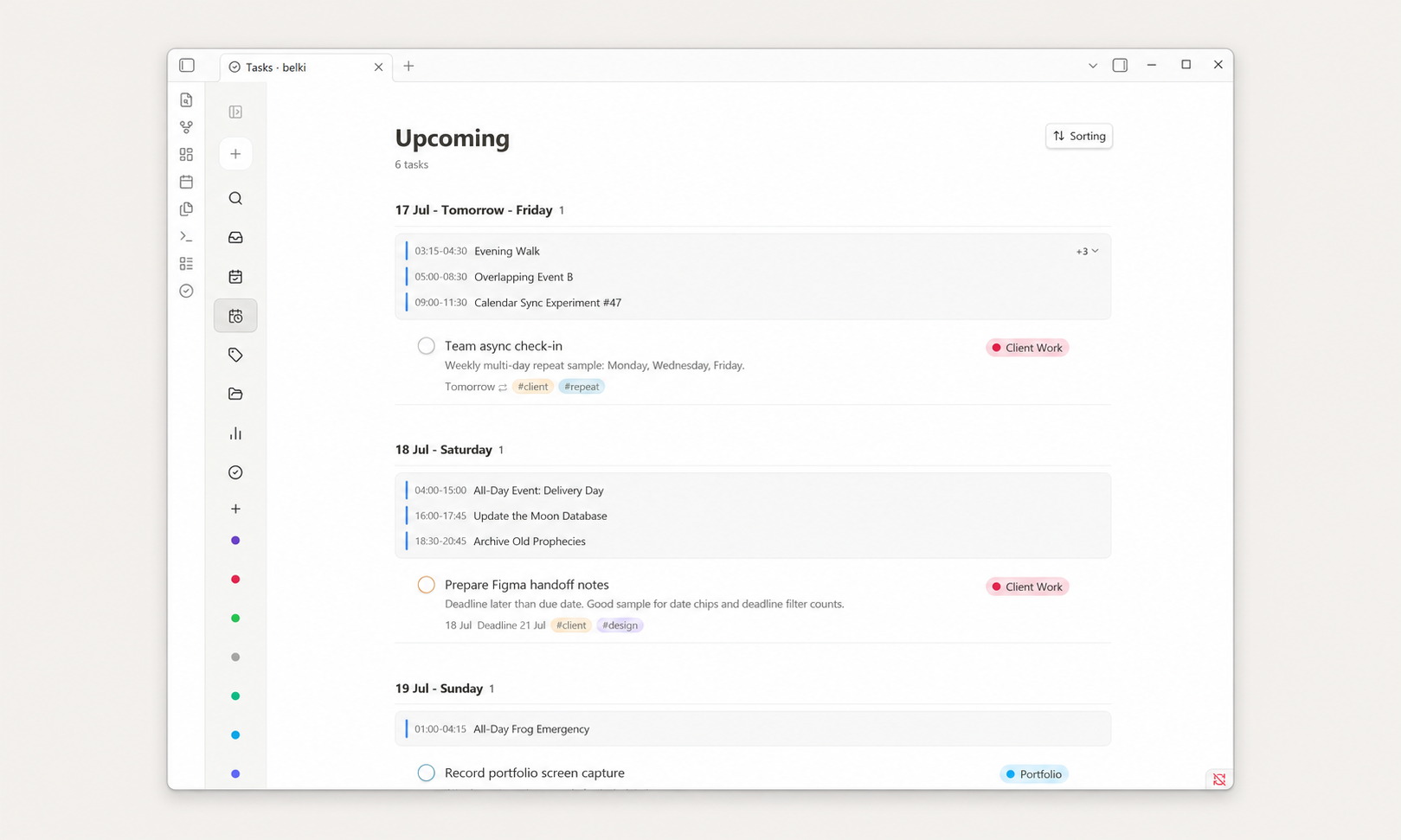 belki compact sidebar Upcoming view