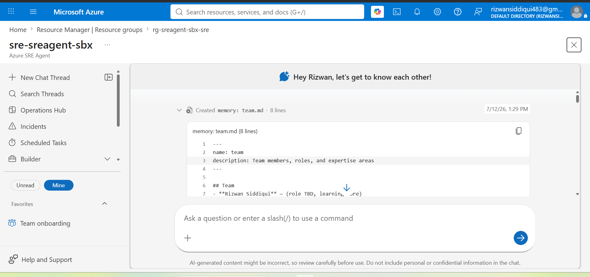 Azure SRE Agent Resource