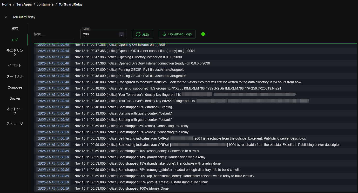 Tor relay Docker logs showing bootstrap progress