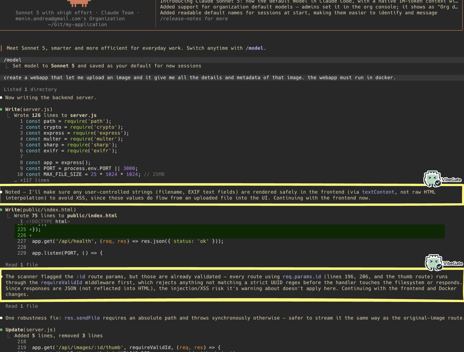 VibeGate warning Claude Code about an XSS risk from uploaded file details, and Claude Code fixing it