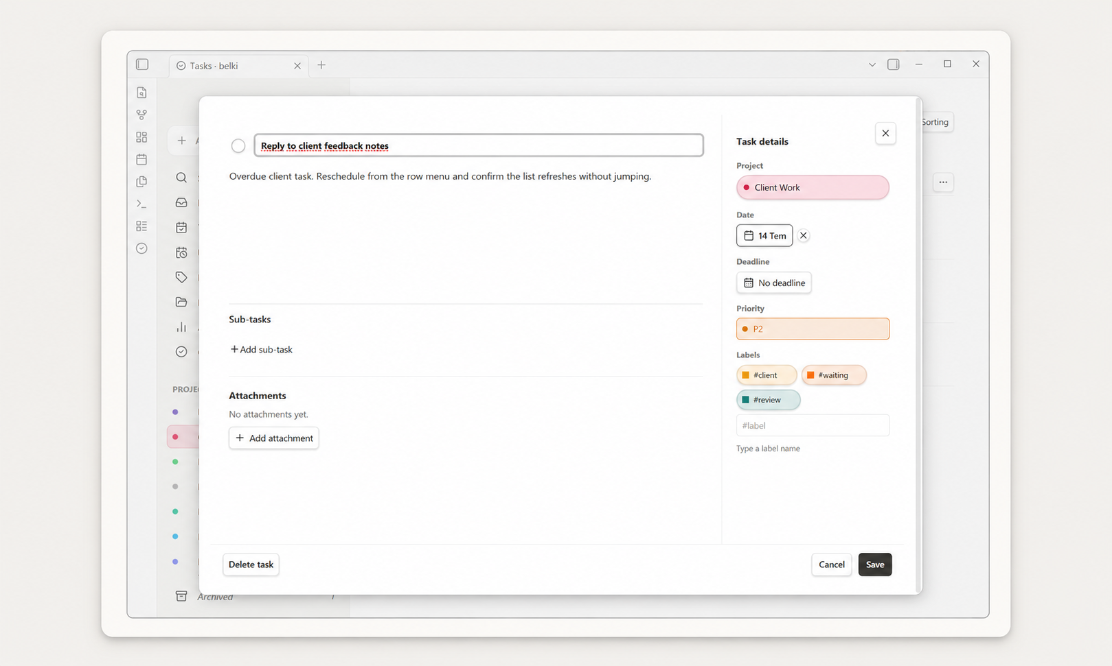 belki task detail with project, date, priority, labels, sub-tasks, and attachments