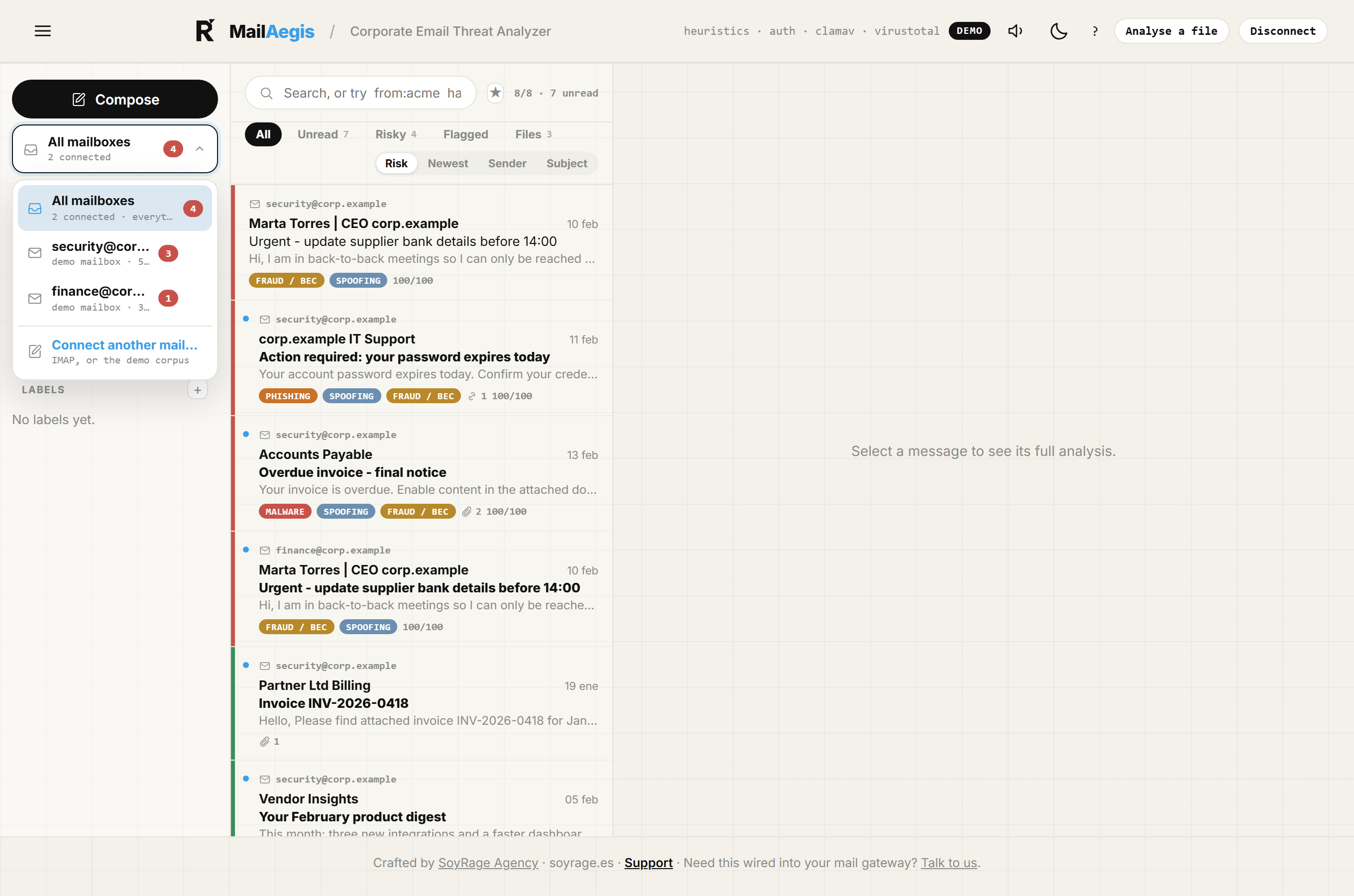 MailAegis mailbox picker showing security@, finance@ and a unified All mailboxes view, each with its own risk count
